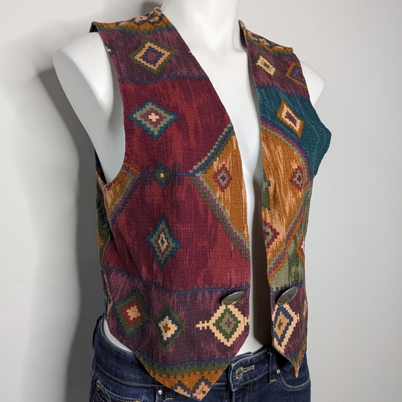 Vintage Cactus Flower Red Yellow Western Aztec Sleeveless Open Vest Cardigan L - Picture 4 of 9